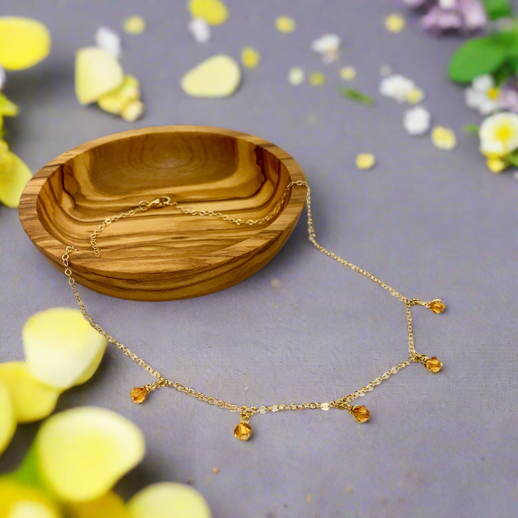 Topaz Orange Crystal Choker Necklace Minimalist Jewelry, hand made with facetted petite crystals, wire wrapped on 14k gold filled chain, completed with a 14k gold 