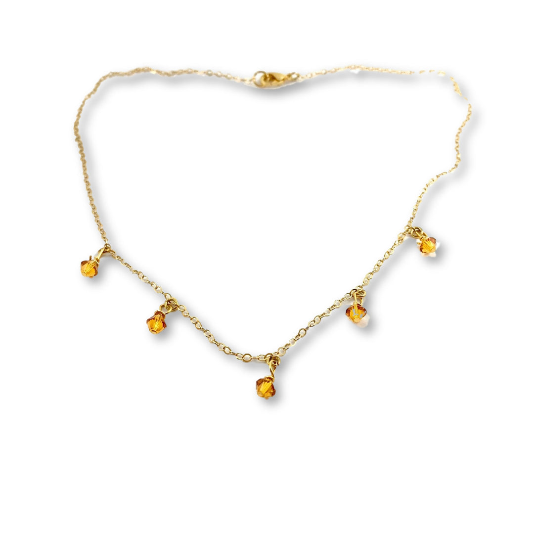 Topaz Orange Crystal Choker Necklace Minimalist Jewelry, hand made with facetted petite crystals, wire wrapped on 14k gold filled chain, completed with a 14k gold 