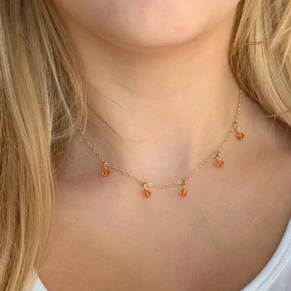 Topaz Orange Crystal Choker Necklace Minimalist Jewelry, hand made with facetted petite crystals, wire wrapped on 14k gold filled chain, completed with a 14k gold 
