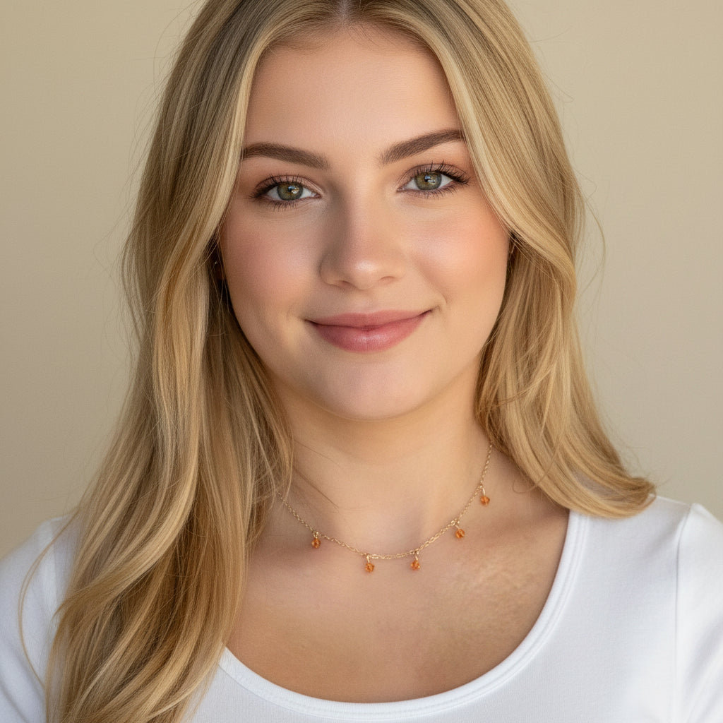 Topaz Orange Crystal Choker Necklace Minimalist Jewelry, hand made with facetted petite crystals, wire wrapped on 14k gold filled chain, completed with a 14k gold 
