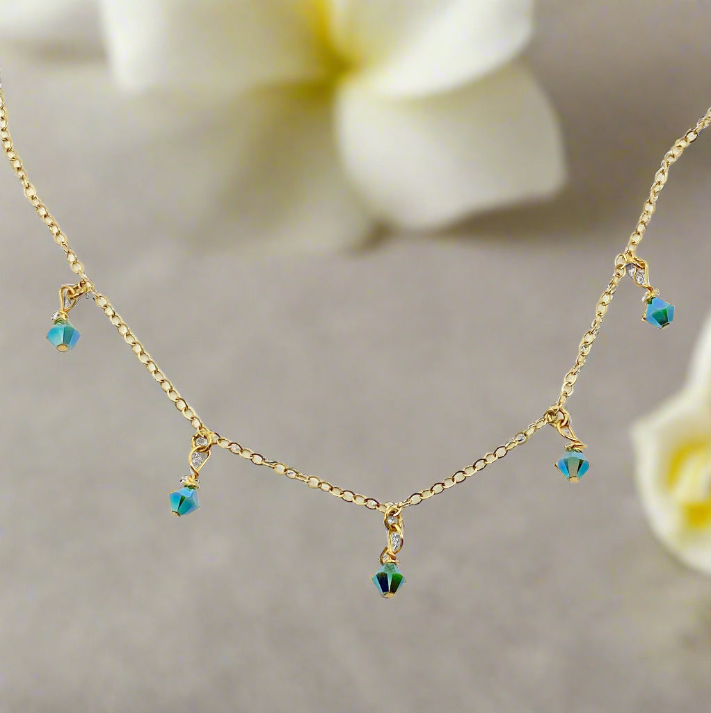 Turquoise Blue Crystal Choker Necklace, hand made with facetted petite crystals, wire wrapped on 14k gold filled chain, completed with a 14k gold