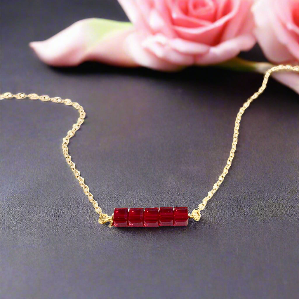 Ruby Red Crystal Cube Bar Necklace Charm Jewelry, is an effortlessly gorgeous and minimalist necklace that will become a daily staple. P