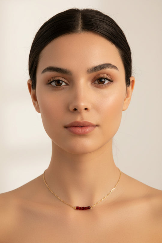 Ruby Red Crystal Cube Bar Necklace Charm Jewelry, is an effortlessly gorgeous and minimalist necklace that will become a daily staple. P