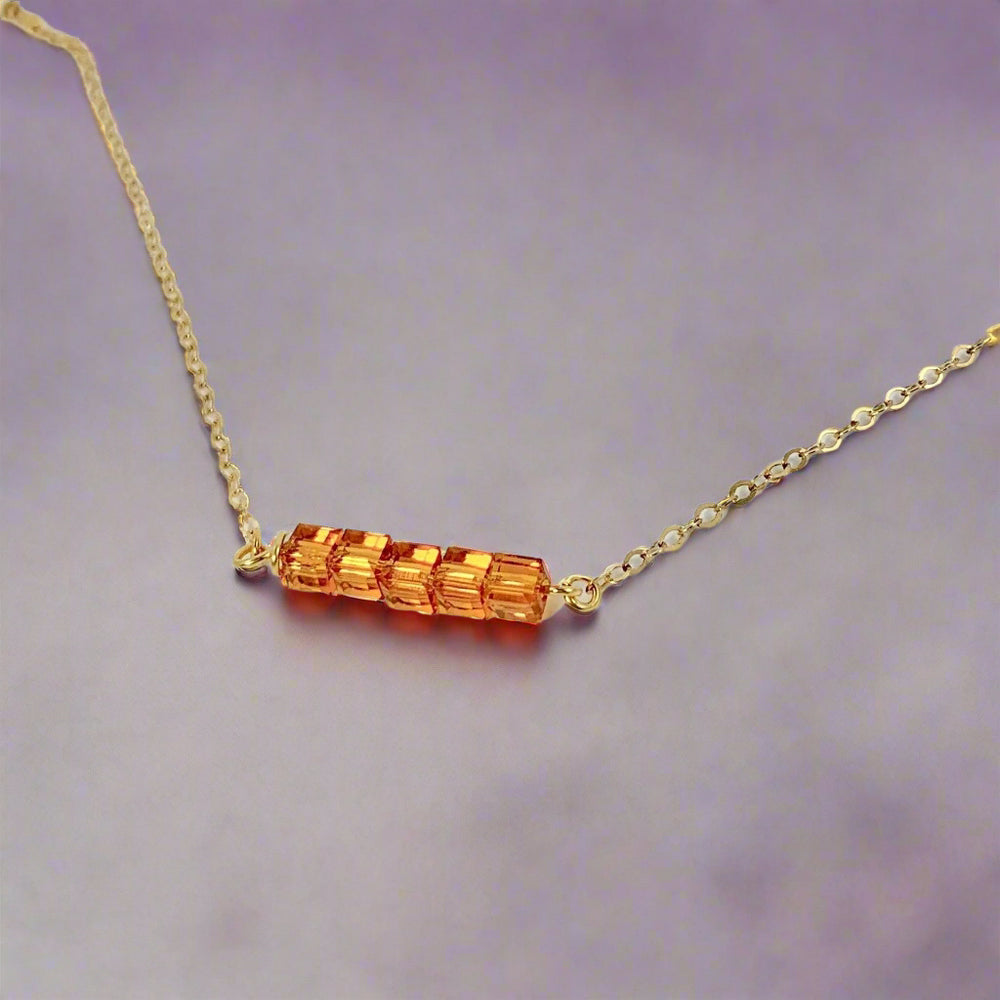 Topaz Orange Crystal Cube Bar Necklace Charm Jewelry is an effortlessly gorgeous and minimalist necklace that will become a daily staple. 