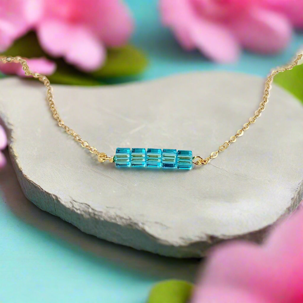 Turquoise Blue Crystal Cube Bar Necklace Charm Jewelry, is an effortlessly gorgeous and minimalist necklace that will become a daily staple. P