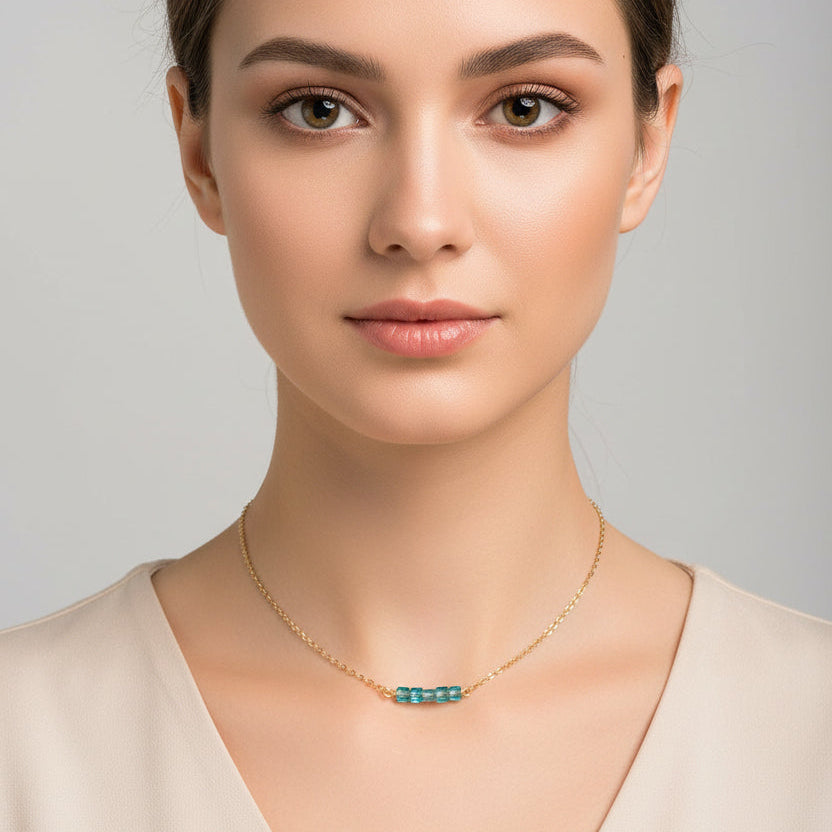 Turquoise Blue Crystal Cube Bar Necklace Charm Jewelry, is an effortlessly gorgeous and minimalist necklace that will become a daily staple. P