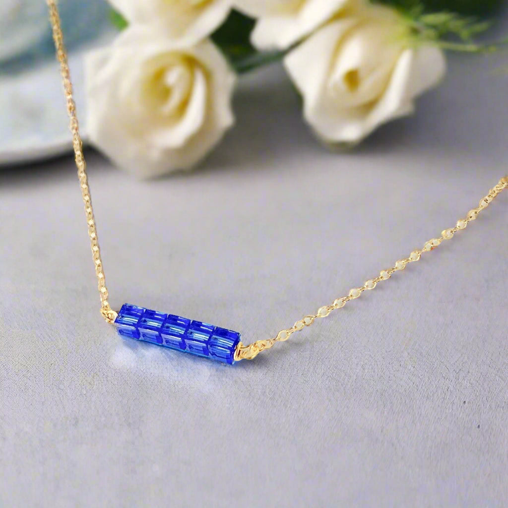 Sapphire Blue Crystal Cube Bar Necklace Charm Jewelry, is an effortlessly gorgeous and minimalist necklace that will become a daily staple.