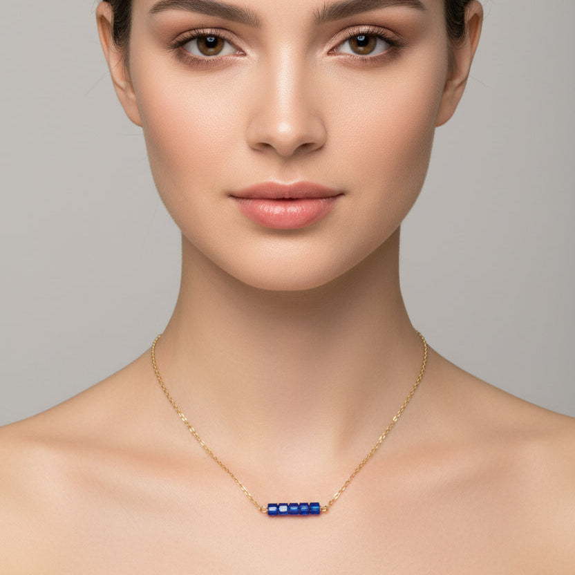 Sapphire Blue Crystal Cube Bar Necklace Charm Jewelry, is an effortlessly gorgeous and minimalist necklace that will become a daily staple.