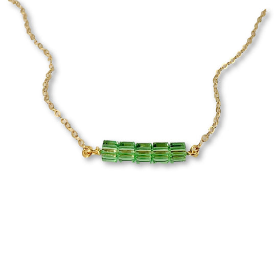 Peridot Green Crystal Cube Bar Necklace Charm Jewelry, styled as a minimalist crystal cube bar necklace featuring 5 mini facetted cubes i