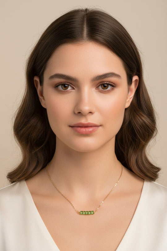 Peridot Green Crystal Cube Bar Necklace Charm Jewelry, styled as a minimalist crystal cube bar necklace featuring 5 mini facetted cubes i