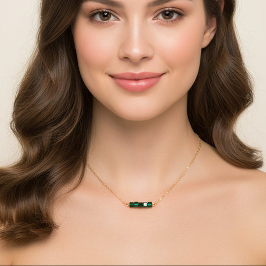 Emerald Green Crystal Cube Bar Necklace Charm Jewelry, is an effortlessly gorgeous and minimalist necklace that will become a daily staple. P