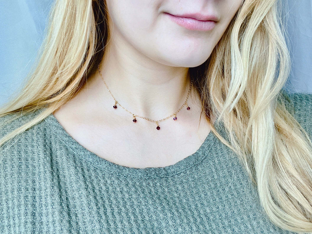Purple Crystal Choker Necklace Minimalist Jewelry, hand made with facetted petite crystals, wire wrapped on 14k gold filled chain, completed with a 14k gold