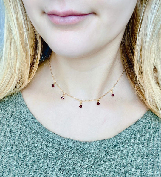 Purple Crystal Choker Necklace Minimalist Jewelry, hand made with facetted petite crystals, wire wrapped on 14k gold filled chain, completed with a 14k gold