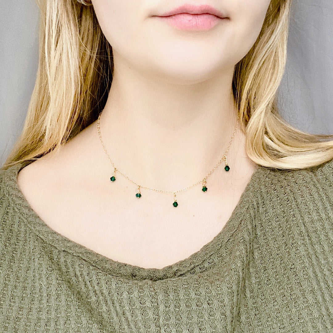 Emerald Green Crystal Choker Necklace Minimalist Jewelry, hand made with facetted petite crystals, wire wrapped on 14k gold filled chain, 