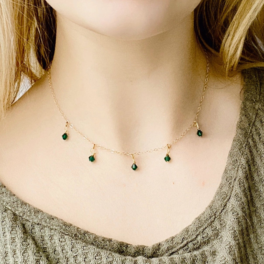 Emerald Green Crystal Choker Necklace Minimalist Jewelry, hand made with facetted petite crystals, wire wrapped on 14k gold filled chain, 