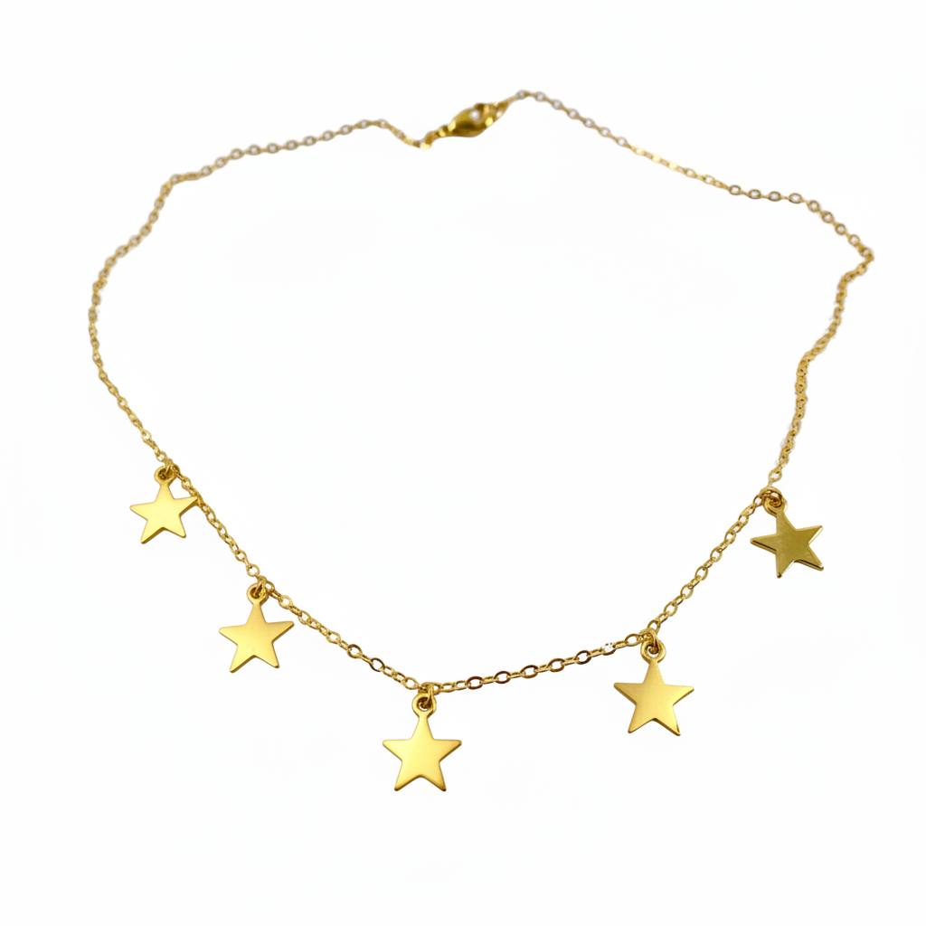 Gold Star Choker Necklace Minimalist Jewelry, Five Sweet & Petite Gold Stars hang on 14k gold filled chain with a lobster clasp for a secure closure. 