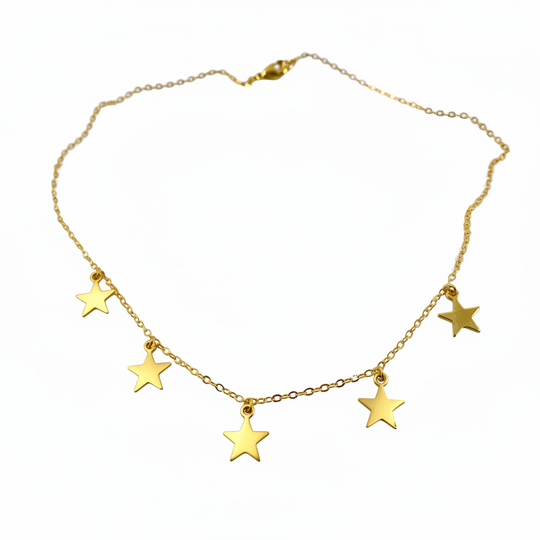 Gold Star Choker Necklace Minimalist Jewelry, Five Sweet & Petite Gold Stars hang on 14k gold filled chain with a lobster clasp for a secure closure. 