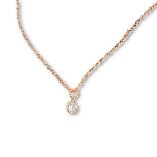 Rose Gold Cubic Zirconia Solitaire Charm Necklace, a tiny sparkling cubic zirconia crystal charm on rose gold chain, make a subtle sparkle, a sweet & petite charm necklace,