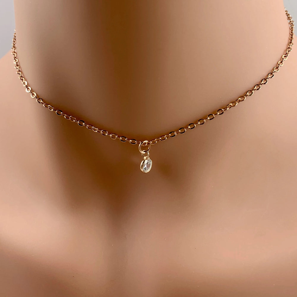 Rose Gold Cubic Zirconia Solitaire Charm Necklace, a tiny sparkling cubic zirconia crystal charm on rose gold chain, make a subtle sparkle, a sweet & petite charm necklace,