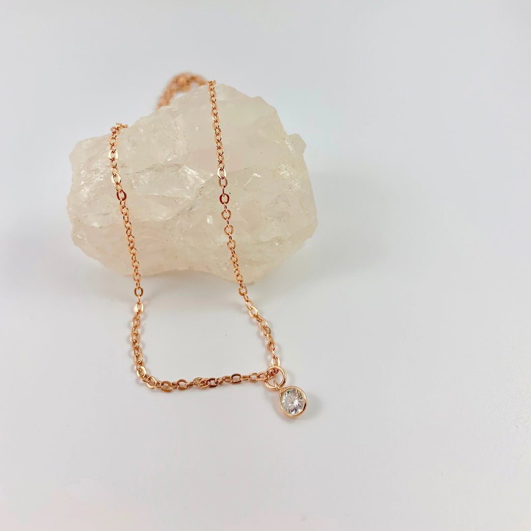Rose Gold Cubic Zirconia Solitaire Charm Necklace, a tiny sparkling cubic zirconia crystal charm on rose gold chain, make a subtle sparkle, a sweet & petite charm necklace,