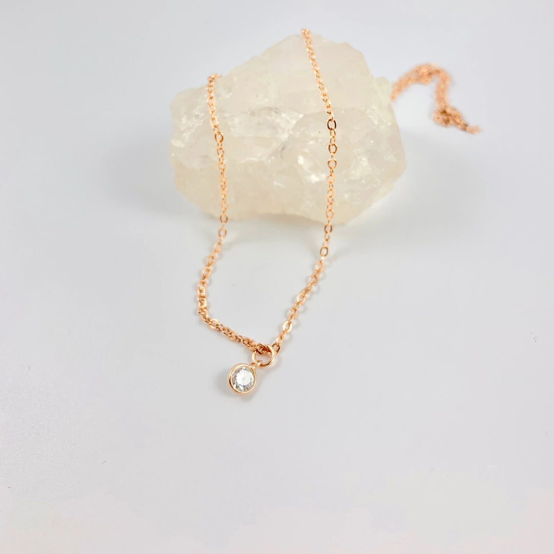 Rose Gold Cubic Zirconia Solitaire Charm Necklace, a tiny sparkling cubic zirconia crystal charm on rose gold chain, make a subtle sparkle, a sweet & petite charm necklace,