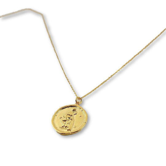 Aquarius Zodiac Gold Charm Necklace, Artisan made quality zodiac Aquarius disk on 14K gold filled chain, minimalist in theme and style, a
