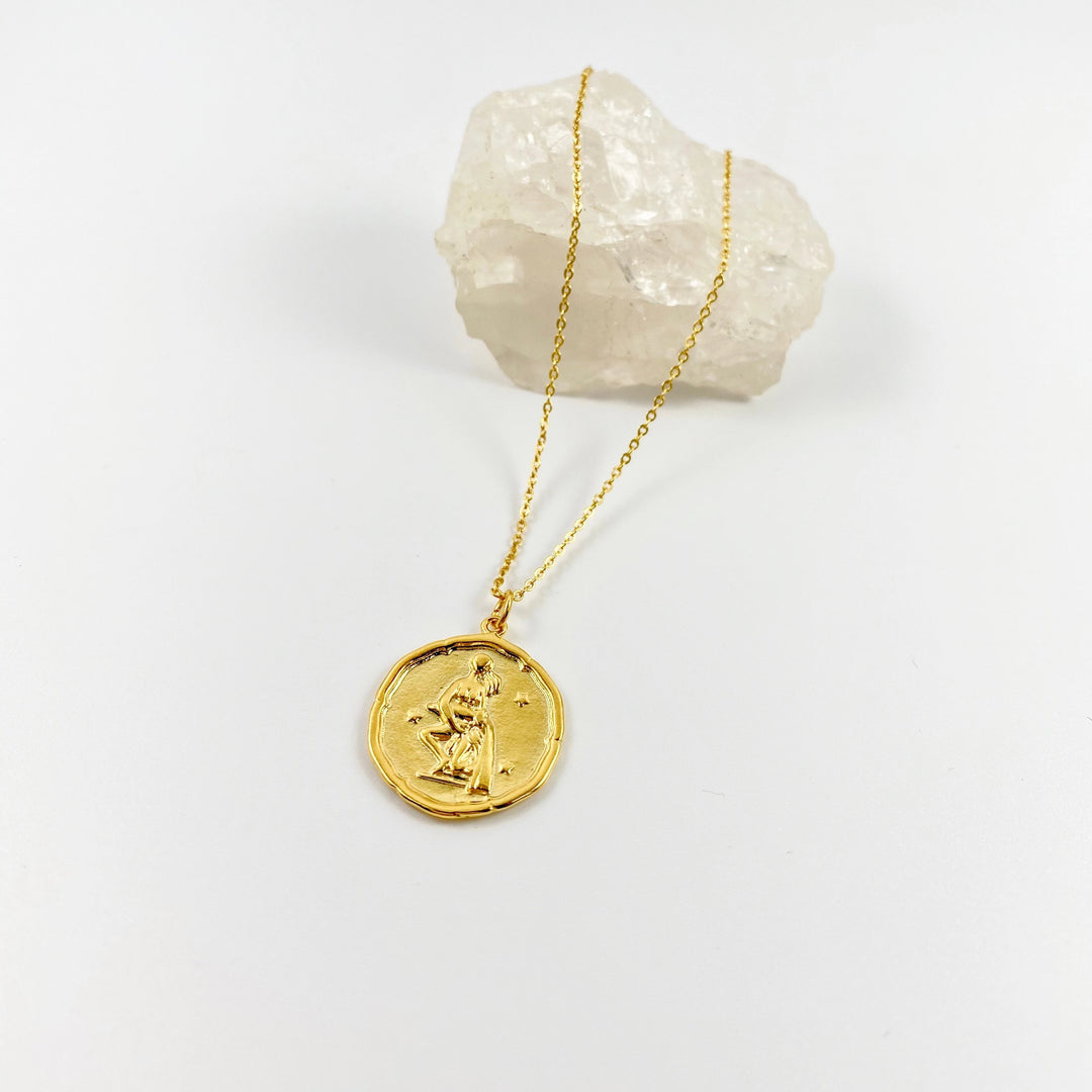 Aquarius Zodiac Gold Charm Necklace, Artisan made quality zodiac Aquarius disk on 14K gold filled chain, minimalist in theme and style, a