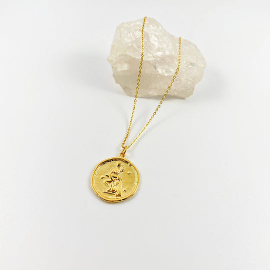 Aquarius Zodiac Gold Charm Necklace, Artisan made quality zodiac Aquarius disk on 14K gold filled chain, minimalist in theme and style, a