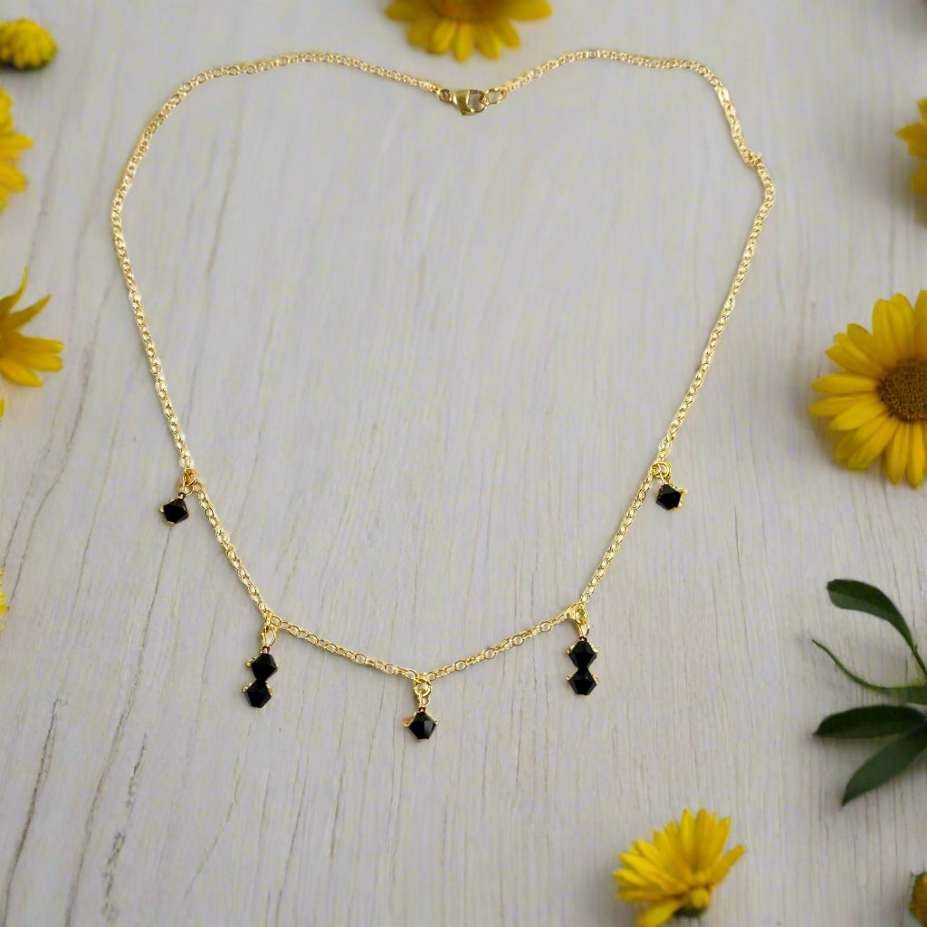 Black Crystal Choker Necklace, hand made with facetted petite crystals, wire wrapped on 14k gold filled chain, completed with a 14k gold filled lobster clasp