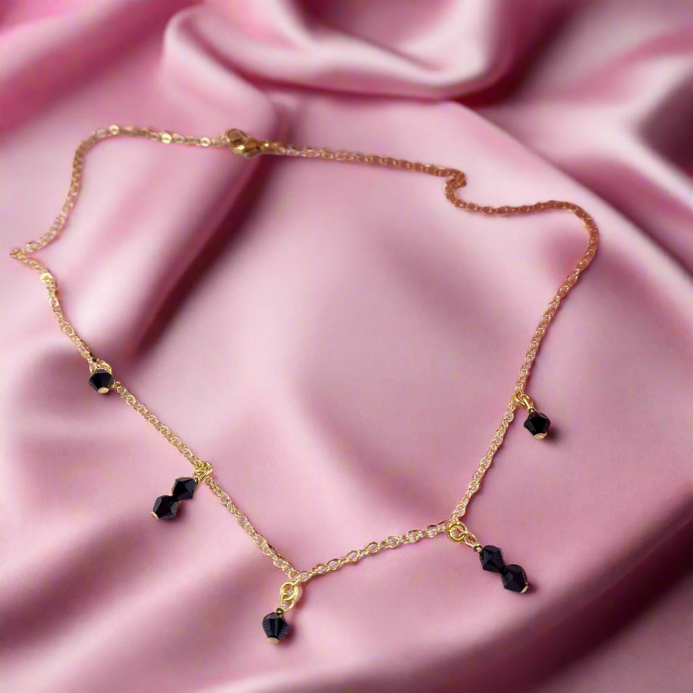Black Crystal Choker Necklace, hand made with facetted petite crystals, wire wrapped on 14k gold filled chain, completed with a 14k gold filled lobster clasp