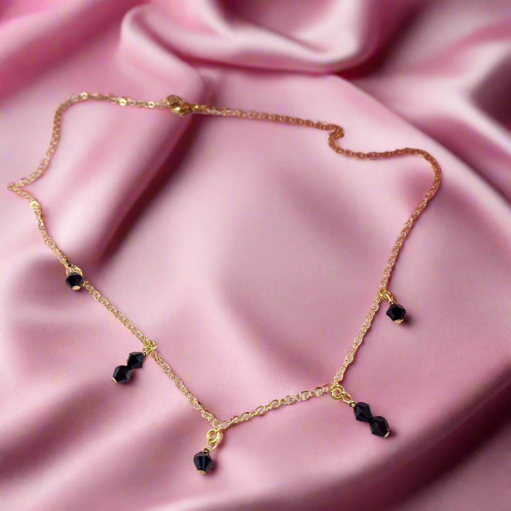 Black Crystal Choker Necklace, hand made with facetted petite crystals, wire wrapped on 14k gold filled chain, completed with a 14k gold filled lobster clasp