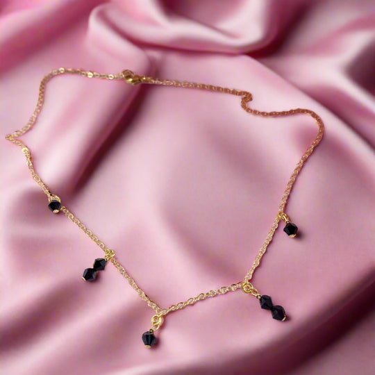 Black Crystal Choker Necklace, hand made with facetted petite crystals, wire wrapped on 14k gold filled chain, completed with a 14k gold filled lobster clasp