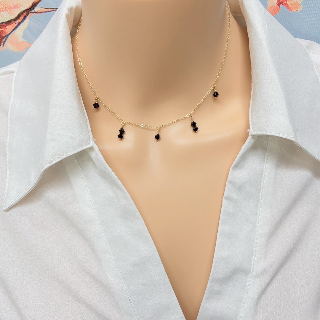Black Crystal Choker Necklace, hand made with facetted petite crystals, wire wrapped on 14k gold filled chain, completed with a 14k gold filled lobster clasp