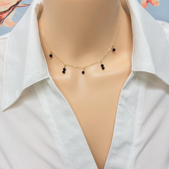 Black Crystal Choker Necklace, hand made with facetted petite crystals, wire wrapped on 14k gold filled chain, completed with a 14k gold filled lobster clasp