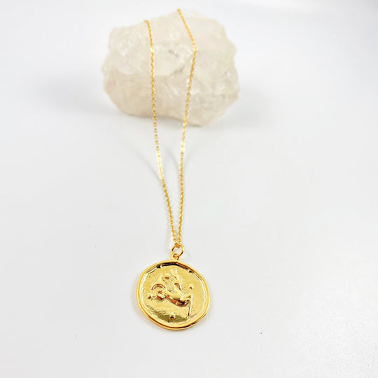 Capricorn Zodiac Sign Gold Necklace, this hand crafted Capricorn Zodiac Disk Necklace features a 14K gold-filled chain and an 18K vermeil gold charm.