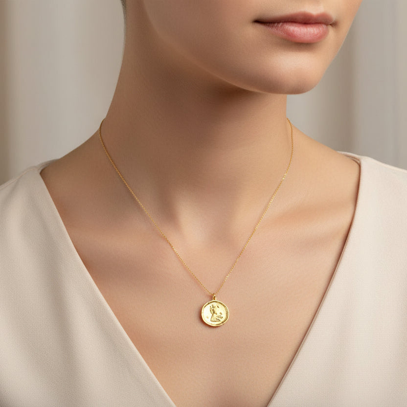 Virgo Zodiac Sign Gold Necklace, this hand crafted Virgo Zodiac sign Necklace features a 14K gold-filled chain and an 18K vermeil gold charm. 