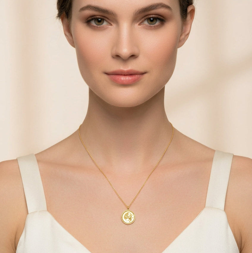 Sagittarius Zodiac Sign Gold Necklace, this hand crafted Sagittarius Zodiac Disk Necklace features a 14K gold-filled chain and an 18K vermeil gold charm. A personal gift, sweet & petite treasure.