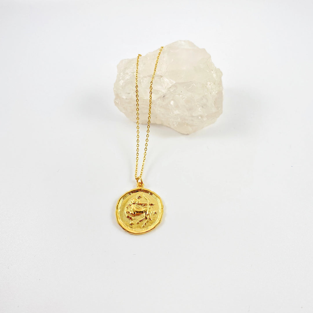 Sagittarius Zodiac Sign Gold Necklace, this hand crafted Sagittarius Zodiac Disk Necklace features a 14K gold-filled chain and an 18K vermeil gold charm. A personal gift, sweet & petite treasure.