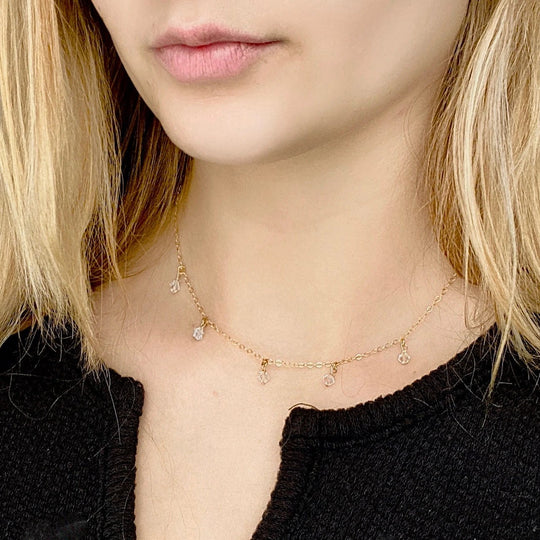 Clear Crystal Choker Necklace Minimalist Jewelry, hand made with facetted petite crystals, wire wrapped on 14k gold filled chain, completed with a 14k 