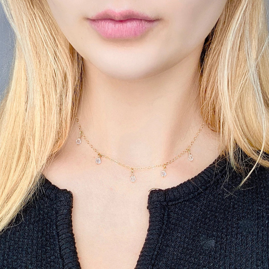 Clear Crystal Choker Necklace Minimalist Jewelry, hand made with facetted petite crystals, wire wrapped on 14k gold filled chain, completed with a 14k 