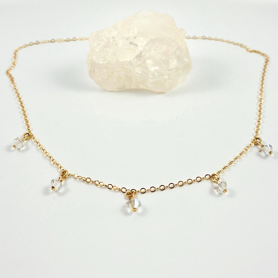 Clear Crystal Choker Necklace Minimalist Jewelry, hand made with facetted petite crystals, wire wrapped on 14k gold filled chain, completed with a 14k 