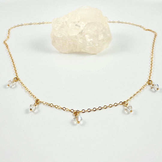 Clear Crystal Choker Necklace Minimalist Jewelry, hand made with facetted petite crystals, wire wrapped on 14k gold filled chain, completed with a 14k 
