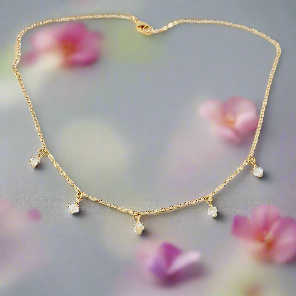 Clear Crystal Choker Necklace Minimalist Jewelry, hand made with facetted petite crystals, wire wrapped on 14k gold filled chain, completed with a 14k 