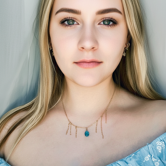 Turquoise Blue Crystal Gold Tassel Necklace Minimalist Jewelry, hand made with a boho chic style in mind.  Each necklace is uniquely crafted with 14k gold 