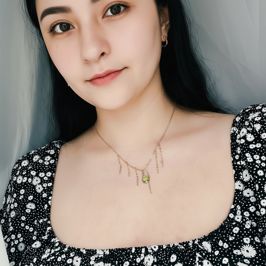 Peridot Green Crystal Gold Tassel Necklace Minimalist Jewelry, hand made with a boho chic style in mind. Each necklace is uniquely crafted with 14k gold