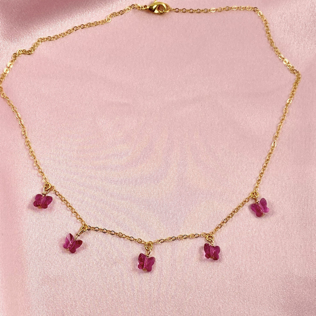 Fuchsia Butterfly Choker Necklace, Add a touch of charm with the Pink Fuchsia Butterfly Choker Necklace, a delightful chain of crystal butterflies crafted 