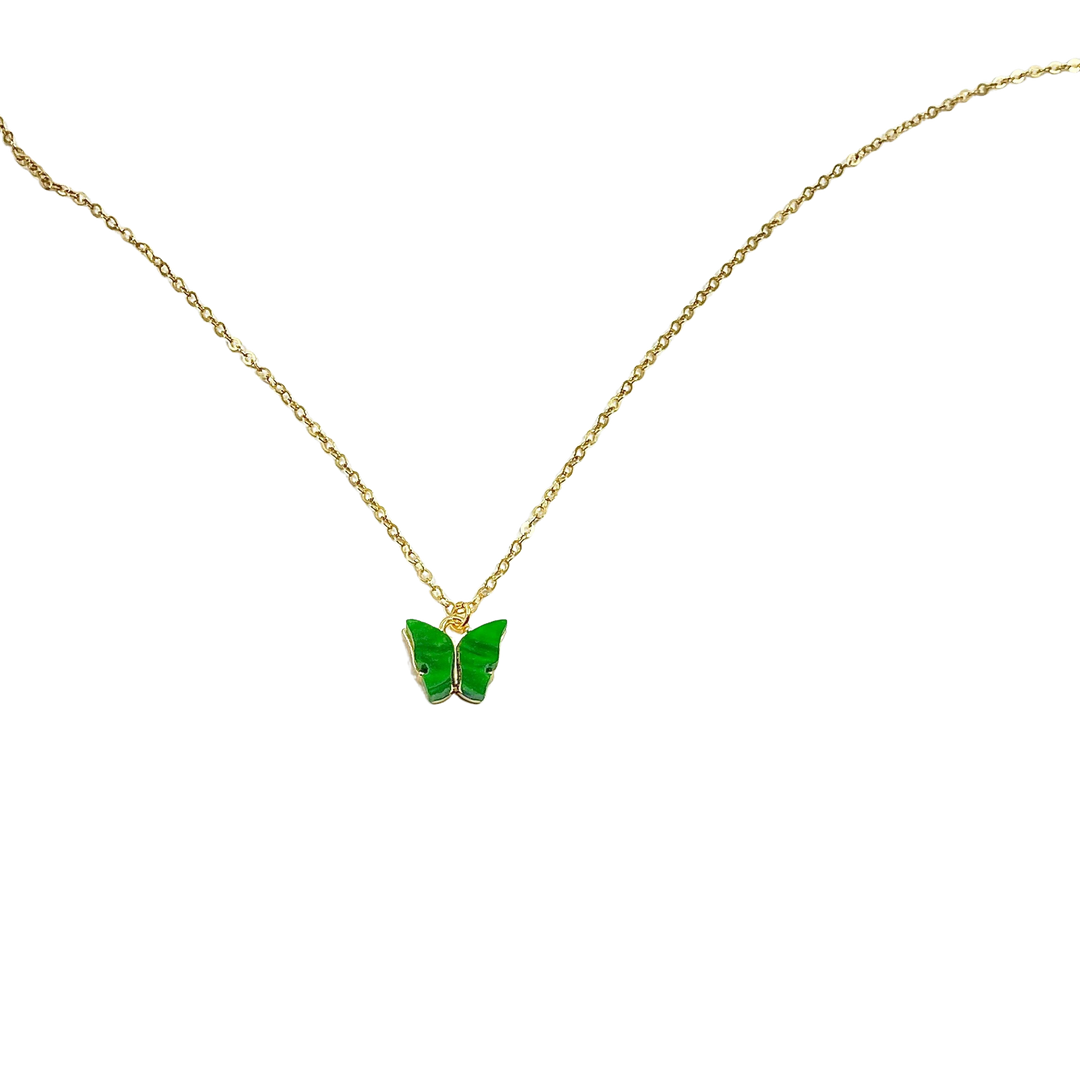 Emerald Green Pearl Butterfly Necklace, is perfect for adding a petite, minimalist charm to any look. Lightweight and eye-catching, the 14K gold filled chain