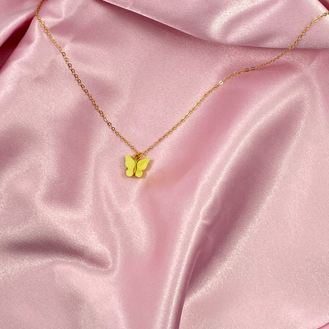 Lemon Yellow Pearl Butterfly Necklace
