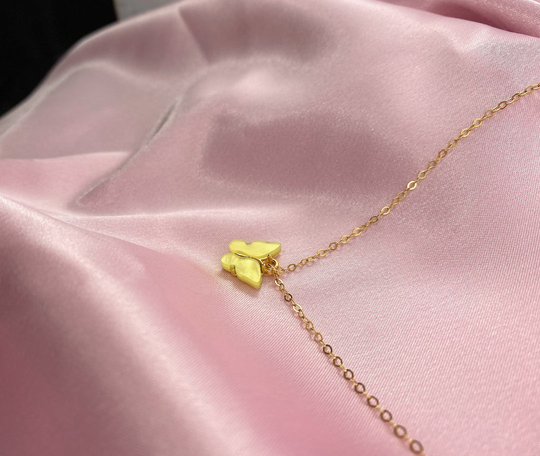 Lemon Yellow Pearl Butterfly Necklace