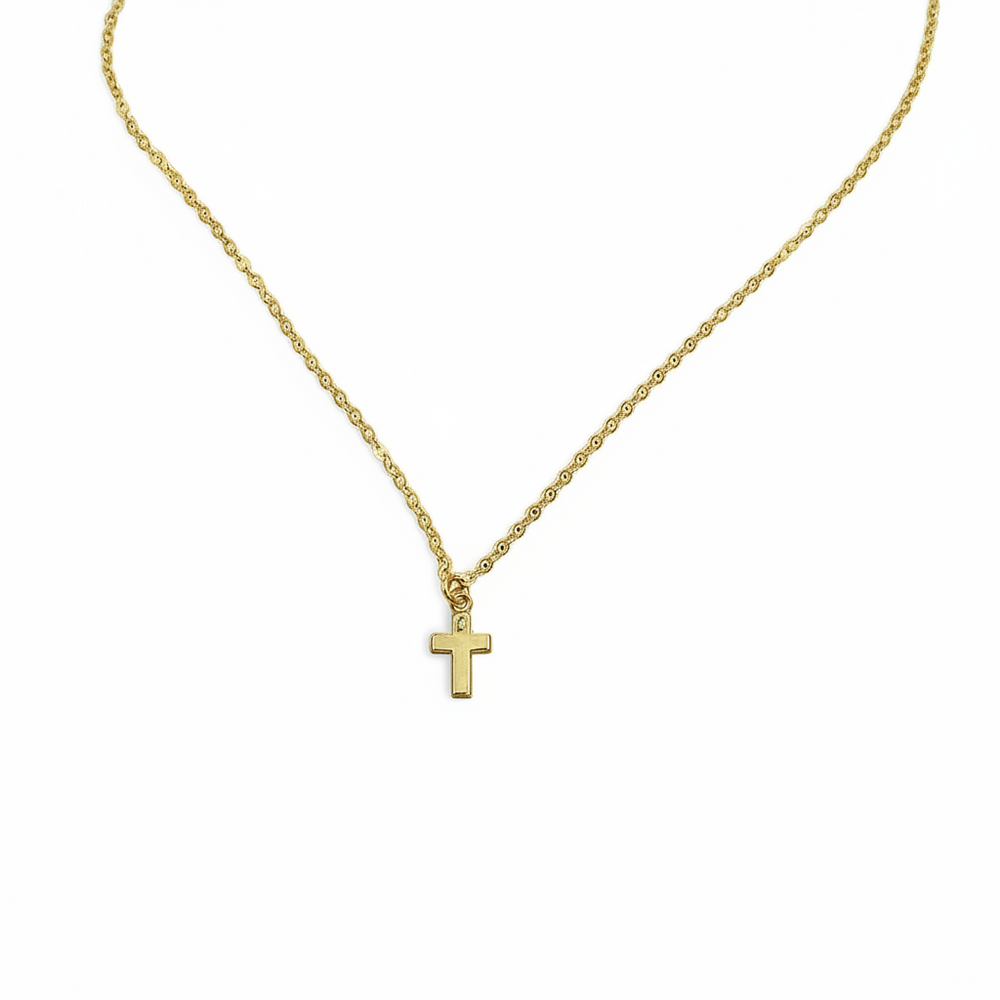 14K Tiny Gold Cross Charm Necklace, our tiny gold cross necklace features a dainty gold cross charm on 14k gold-filled chain, minimalist in style